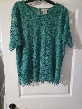 Beautiful Philosophy Teal Lace Overlay Short Sleeve Blouse